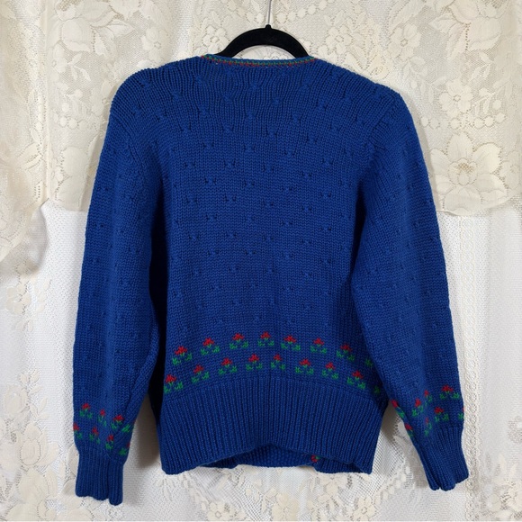 Vintage 60s Floral Wool Sweater Cardigan Blue Red Green Cottagecore Size Small - Picture 7 of 9